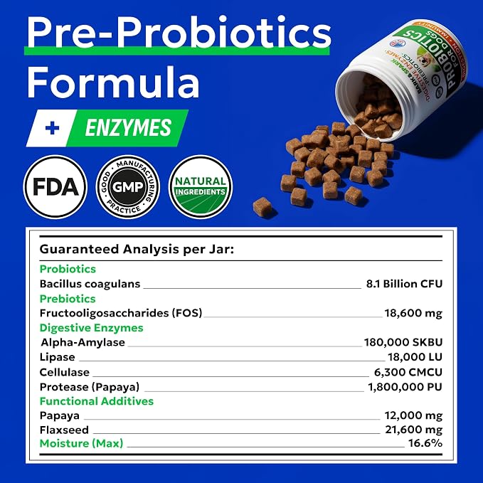 BARK&SPARK Dog Probiotics & Digestive Enzymes (Gut Health) Allergy & Itchy Skin - Pet Diarrhea Gas Treatment Upset Stomach Relief, Digestion Health Prebiotic Supplement Tummy Treat (180Ct Chicken)