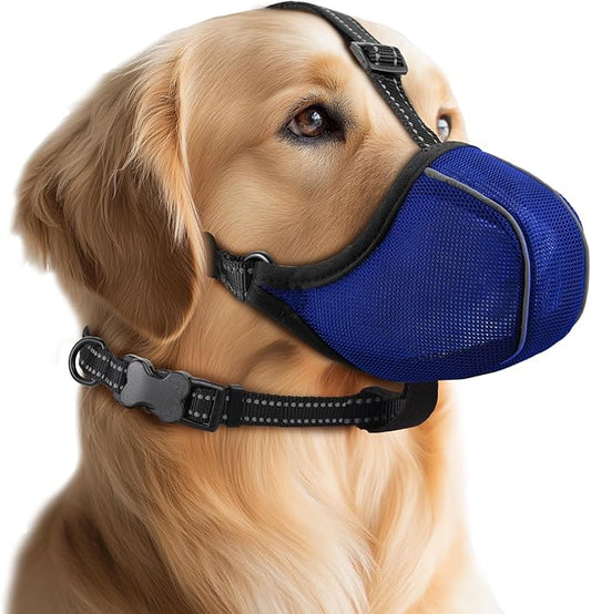 Dog Muzzle - Soft Breathable Mesh Nylon Adjustable Muzzle for Small Medium Large Dogs | Prevents Chewing,Biting & Scavenging | Allows Panting, Drinking & Grooming | Secure Collar Strap Design(Blue M)