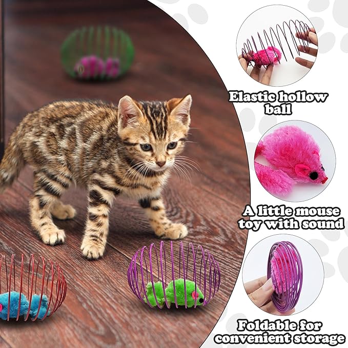 Andiker 6Pcs Cat Spring Toys, 3.9'' Colorful Cat Spring Balls with Mice Interactive Cat Toys Stretchable Metal Cage Balls Spring Cat Toy for Cats Swatting, Hunting Kitten Toys