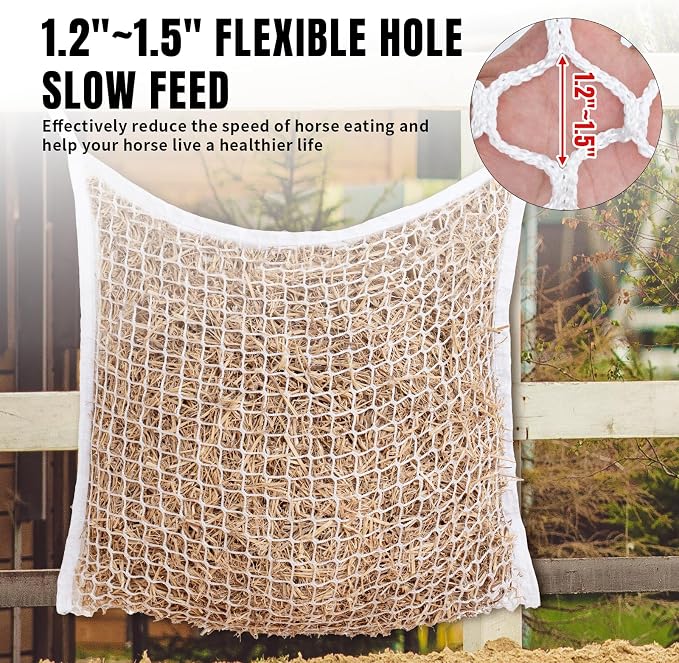 4 PCS Slow Feed Hay Net for Horses, Large Capacity Hay Bags for Horses Goats Sheep Donkey Trailer Full Day Feeding, Easy to Fill and Hang, White, 35 x 31 Inch