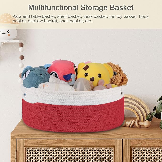 Small Woven Basket with Gift Bags and Ribbons, Empty Baby Gift Baskets for Kids Women Men, Shelf Storage, Small Cat Dog Pet Toy Boxes, 13”x 9”x 5.5”, Red