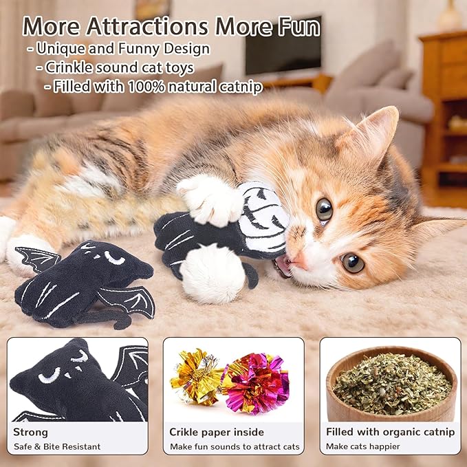 Retro Shaw Catnip Toys, 4 Pack, Horror Goth Cat Toys for Indoor Cats Kitten, Crinkle Interactive Cat Nip Kitty Toys for All Breeds (3.7 Inches)