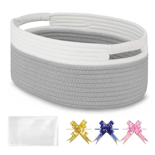 Small Woven Basket with Gift Bags and Ribbons, Empty Baby Gift Baskets for Kids Women Men, Shelf Storage, Small Cat Dog Pet Toy Boxes, 13”x 9”x 5.5”, Cool Gray