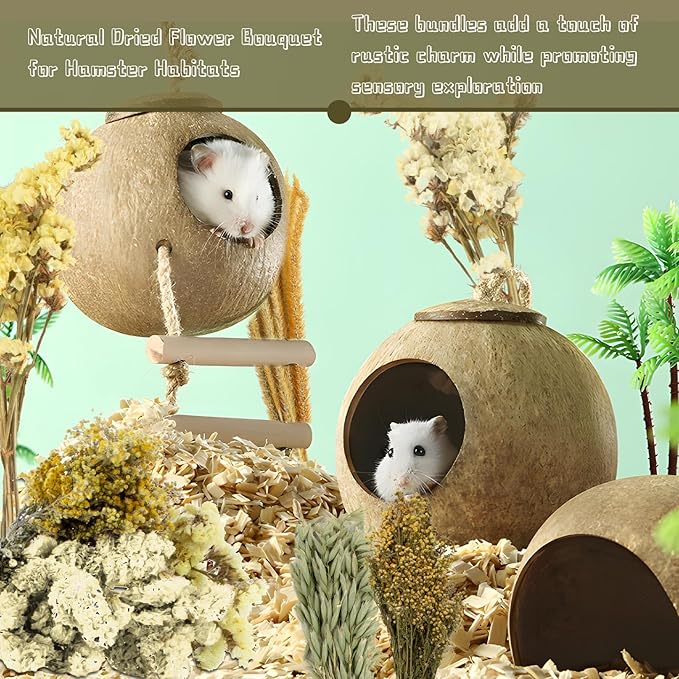 Sukh 47Pcs Natural Hamster Bedding - Flower Herb Sprays Enclosure Decor & Hideout Enriching Habitat Decor, Ideal for Dwarf Hamsters, Syrian Gerbils, Mice and Other Small Rodents