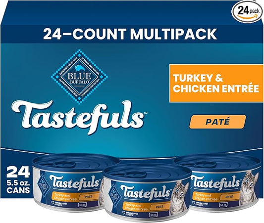 Blue Buffalo Tastefuls Turkey & Chicken Paté Wet Cat Food for Adult Cats, Real Turkey First, Made with Natural Ingredients Enhanced with Vitamins, Minerals & Other Nutrients, 5.5-oz. Cans (24 Count)