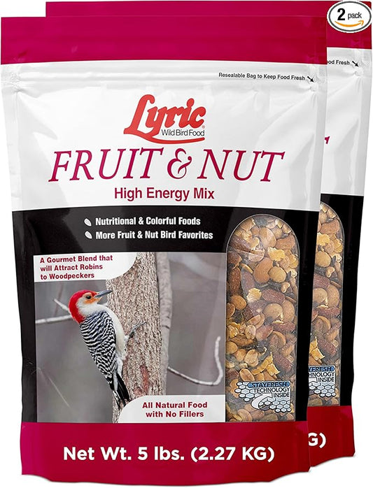 Lyric Fruit and Nut Wild Bird Seed - High Energy Wild Bird Food Mix - Attracts Woodpeckers, Chickadees & Other Songbirds - 10 lb. (pack of 2 - 5 lb bags)