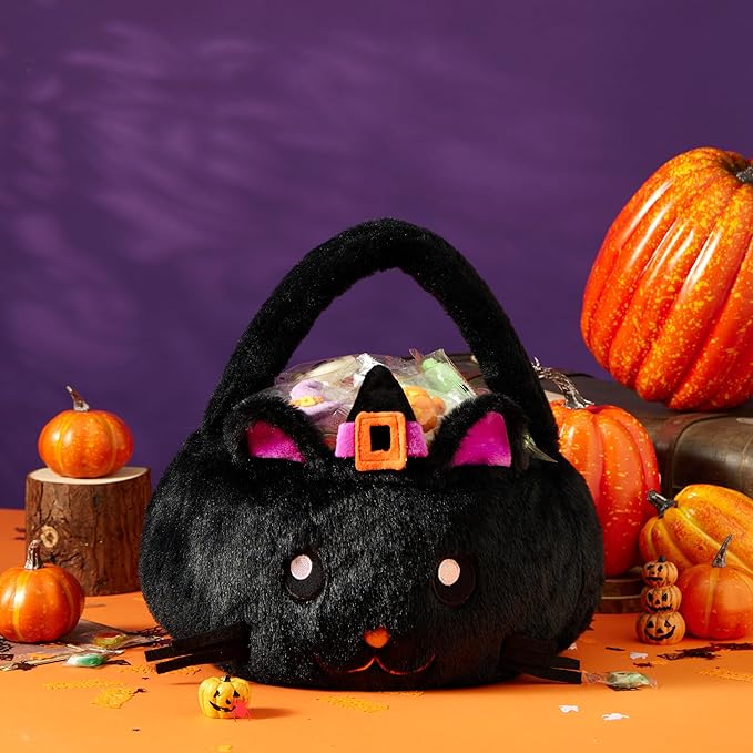 Halloween Plush Treat Basket, Halloween Candy Basket, Trick-or-Treat Bag(Black Cat Witch)