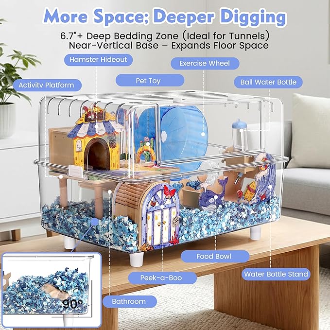 10-in-1 Acrylic Hamster Cage with Stand & Ocean Accessories, 23.2"x14.8"x15.2" Large 2-Tier Syrian Hamster Habitat, Starter Kit for Pet Mice & Hamsters, Easy to Assemble & Clean