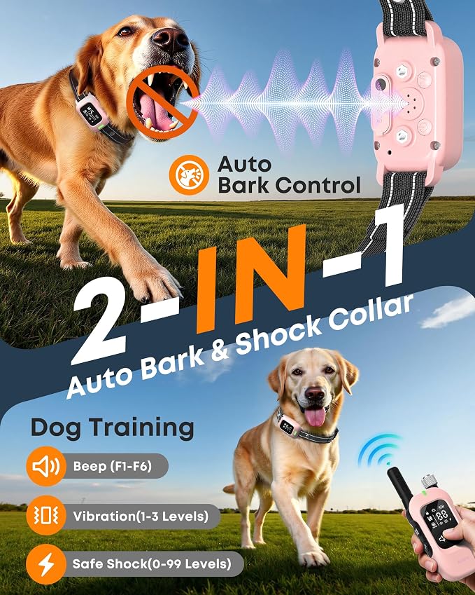 2-in-1 Dog Shock & Bark Collar – 4500FT Dog Training Collar with Remote, 3 Training Modes & LED Light, IPX8 Waterproof E Collar with Anti-Barking for Small Medium Large Dog (Pink)