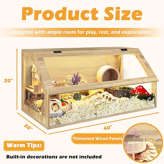 PROLEE Hamster Cage Chewproof, 40" x 20" x 20" Sloped Mice and Rat Habitat with Clear View, Solid Built with Lockable Design and Openable Top (White Oak)