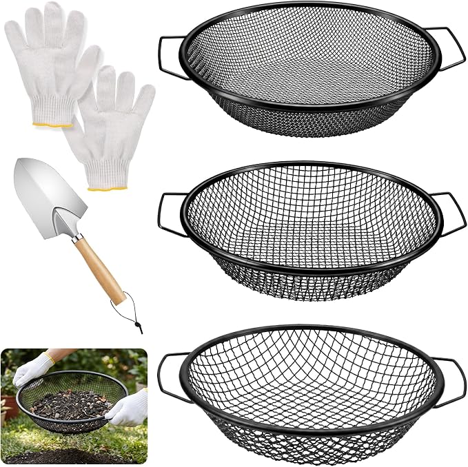 3PCS Soil Sifter for Gardening, Rock Soil Sifter with Handle Compost Sifting Screen for 5 Gallon Buckets with Metal Garden Shovel Gloves 3,6,10mm Mesh Sizes Remove Stone Fine Gravel Sand Dirt Black