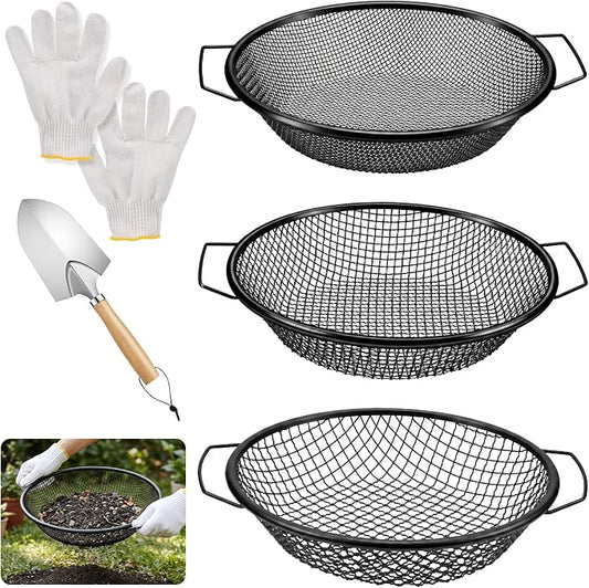 3PCS Soil Sifter for Gardening, Rock Soil Sifter with Handle Compost Sifting Screen for 5 Gallon Buckets with Metal Garden Shovel Gloves 3,6,10mm Mesh Sizes Remove Stone Fine Gravel Sand Dirt Black