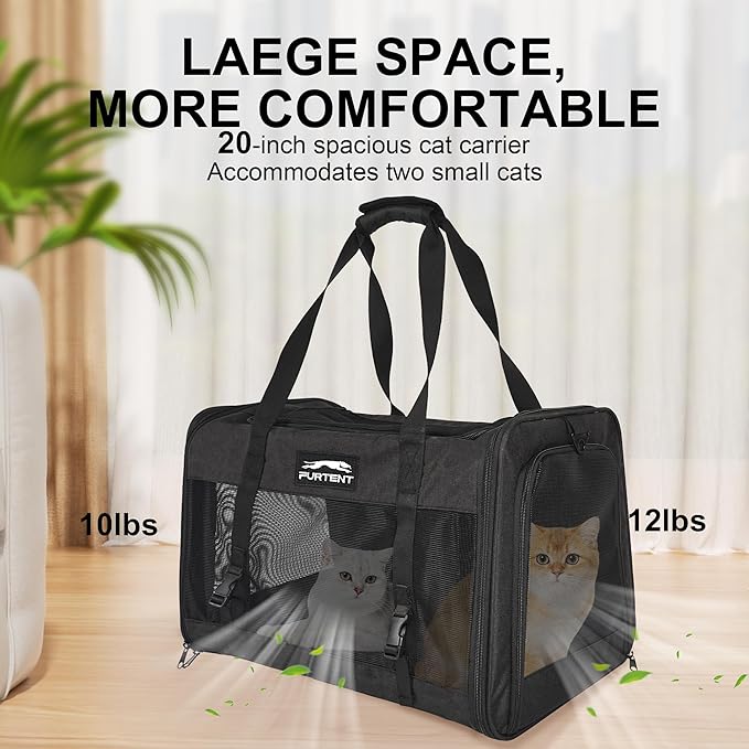 Soft Sided Cat Carrier for Large Cats, Pet Carrier for 2 Cats or Small Dogs Up to 25Lbs, Large Cat Carrier with Shoulder Strap, Cat Car Carrier with Safety Buckle & Cushion, 20x13x13 inches, Black