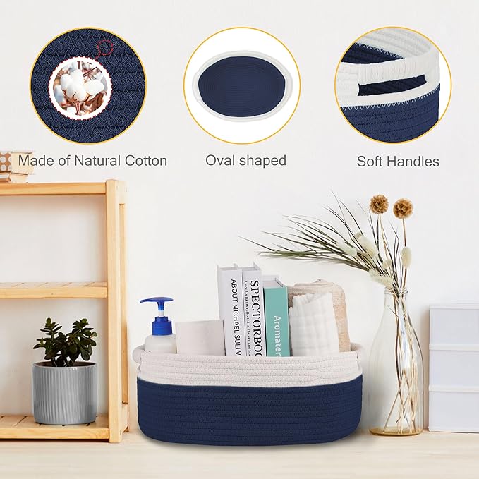 Small Woven Basket with Gift Bags and Ribbons, Empty Baby Gift Baskets for Kids Women Men, Shelf Storage, Small Cat Dog Pet Toy Boxes, 13”x 9”x 5.5”, Navy Blue