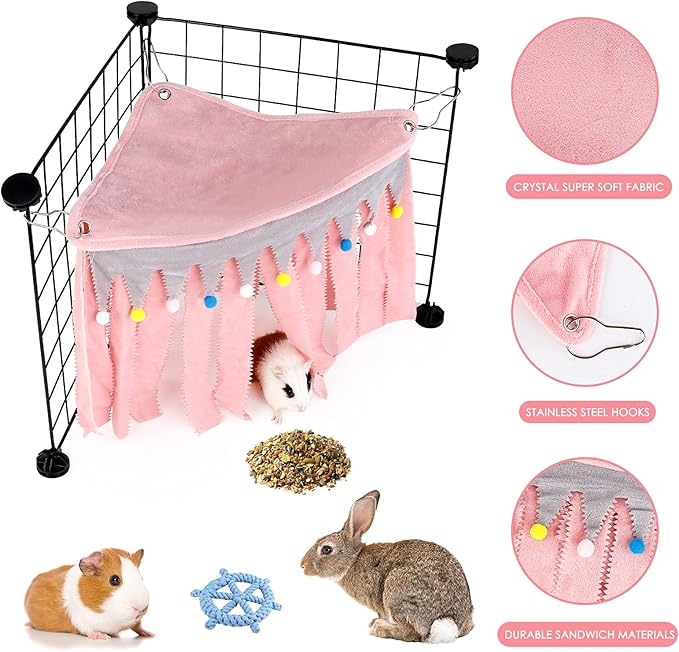Guinea Pig Hideout - Guinea Pig Corner Hideout, Three-Sided Fringes, Triangle Top and Washable Hides, Suitable Hides for Rabbit and Other Small Pets, No Metal Fences, Pink
