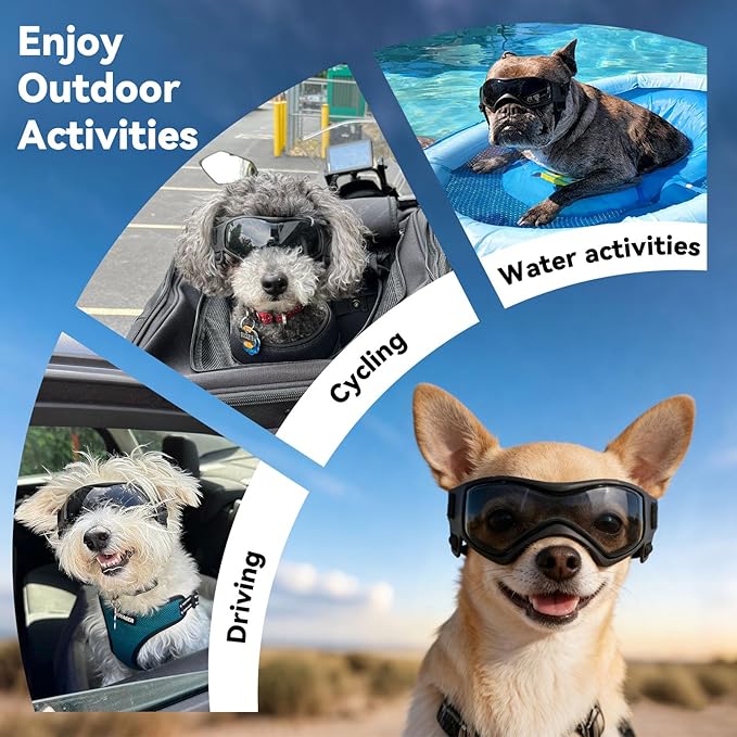 Dog Goggles Dog Sunglasses for Small Breed UV Protection Windproof with Adjustable Head Straps Chin Straps for Ride Car/Hiking Travel/On Beach-Black
