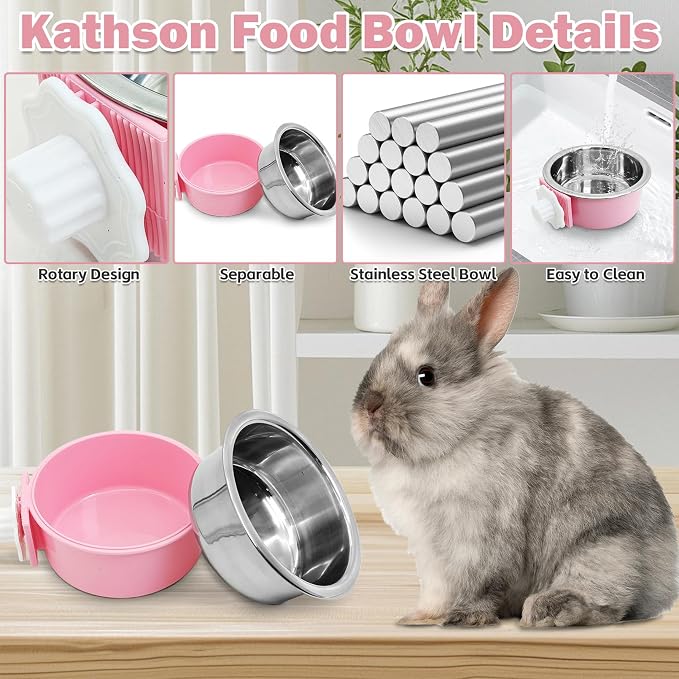 kathson Rabbit Suspended Feeder Dispenser Hanging Water Fountain Automatic Bottle,Crate Bowl Removable Plastic Stainless Steel Pet Cage Coop Cup with Bolt Holder Set for Bunny Cat Dog and Other Animal