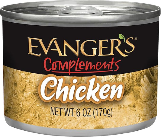 Evanger's Complements Grain Free Chicken for Dogs & Cats – 24 Count, 6 oz Each – Single Protein, Grain & Gluten Free, Limited Ingredients, Nutrient-Rich Broth – Wet Dog & Cat Food