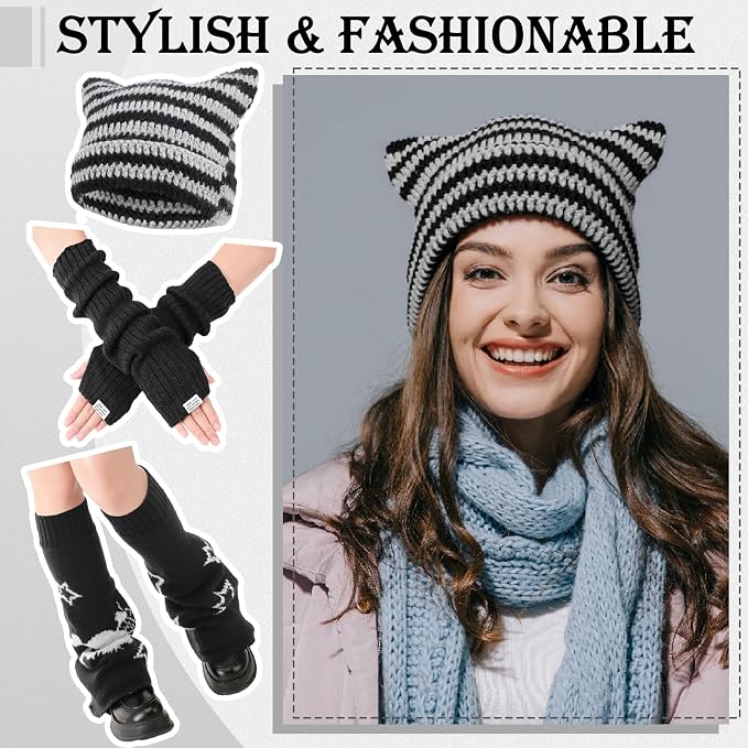Y2k Leg Warmers for Women, Star Skull Leg Cover Kawaii Arm Warmers Beanie Cat Crochet Knitted Hats, Y2K Striped Alt Emo Dance Accessories