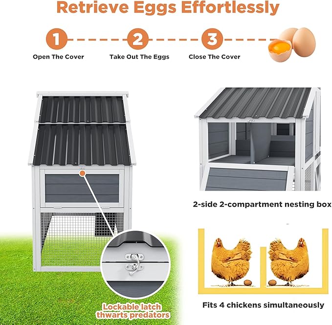 Large Duck Coop Outdoor with Run, Weatherproof 4-6 Chickens Hen House with Nesting Boxes, Wooden Rabbit Hutch Poultry Bunny Cage, Removable Tray for Easy Cleaning in Grey with White