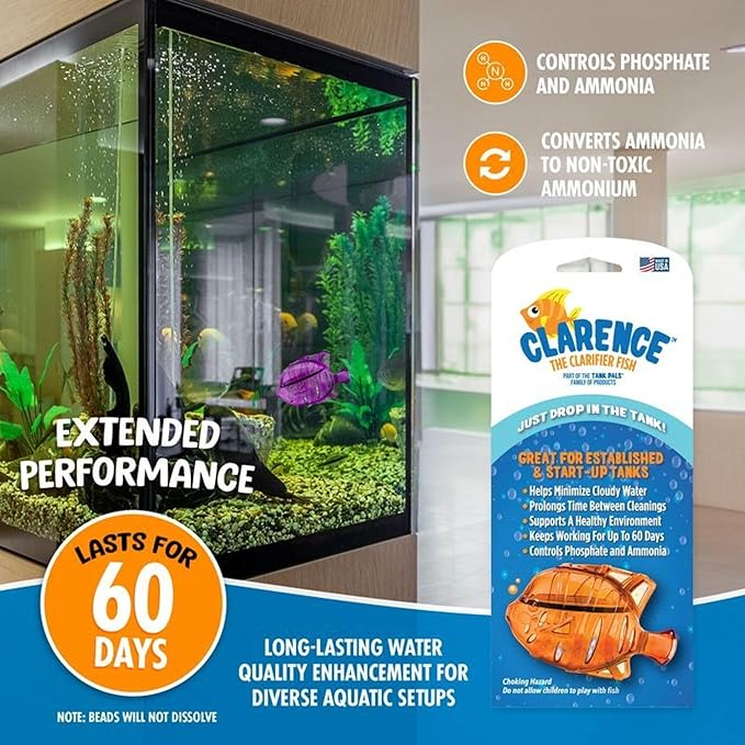 Clarence the Clarifier Fish - 6 pk, Purple-Orange - Aquarium Treatment, Clear Cloudy Fresh-Saltwater, Fish Safe, 10gal Tank Maintenance Ea