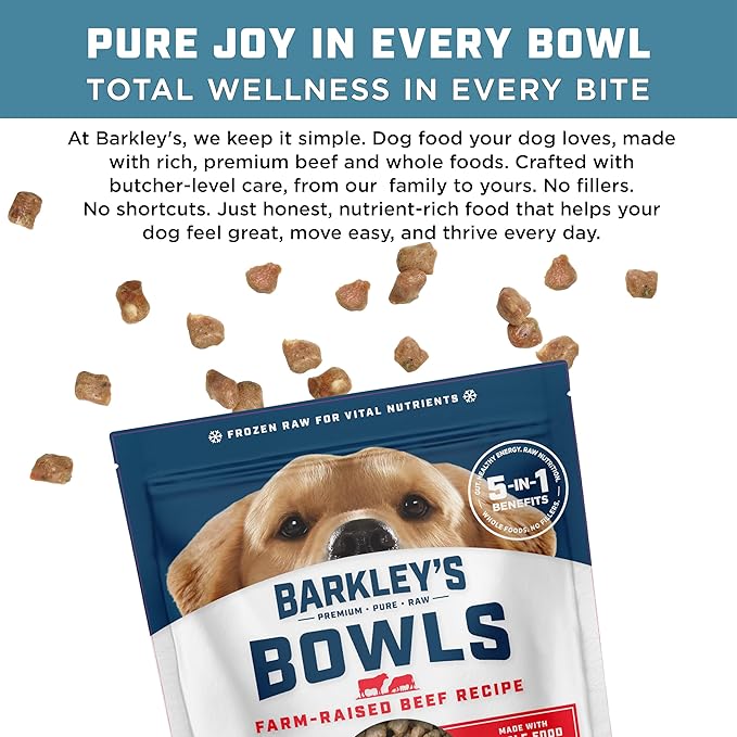 Barkley’s Bowls, Frozen Raw Beef Dog Food, Fresh Whole Food Ingredients w/Farm-Raised Beef, Grain Free, Dog Food Toppers, Human Grade Ingredients, for All Dog Breeds, Ages, & Sizes, 4 lb Bag (3 Pack)