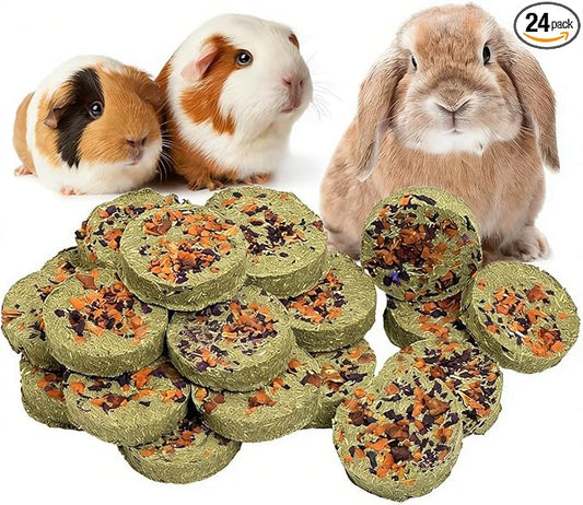 Fhiny 24 PCS Rabbit Chew Toys, Natural Timothy Hay Carrot Pumpkin Purple Potato Biscuit Cubes Bunny Chew Treats for Teeth Care Small Animals Molar Snacks for Hamster Guinea Pig Chinchilla Rat