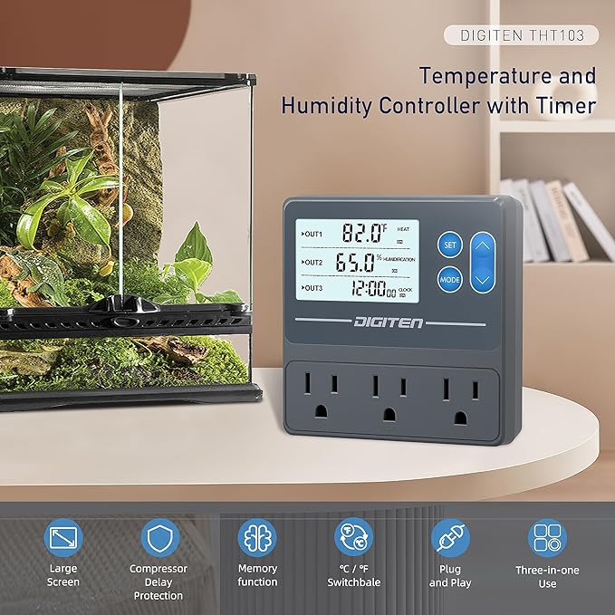 DIGITEN Reptile Temp & Humidity Controller, Timer Outlet, Day-Night Thermostat, 3-Stage Outlet Plug in Temperature Controller for Reptile, Mushroom, Homebrew