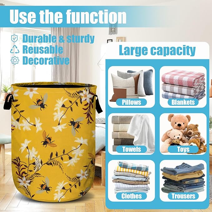 Bee Flower Laundry Basket, Spring Floral Laundry Hamper Collapsible Oxford Cloth with Handle Clothes Storage Bin for Bathroom Laundry Room Bedroom 15.7 X 20 Inch