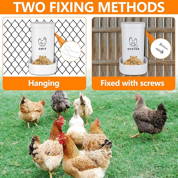 Chicken Oyster Shell Feeder and Grit Feeder with Lid, Automatic Chicken Feeder Coop Accessories Supplies Bottom with Drainage Holes Design for Healthier Hens & Eggs