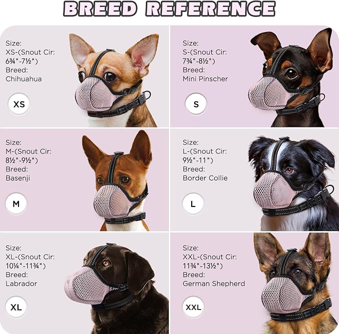 Dog Muzzle,Mesh Soft Muzzle for Small Medium Large Sized Dogs, Breathable Reflective Adjustable Puppy Muzzles with Collar for Scavenging Grooming Biting Chewing,Allows Panting and Drinking(Pink L)