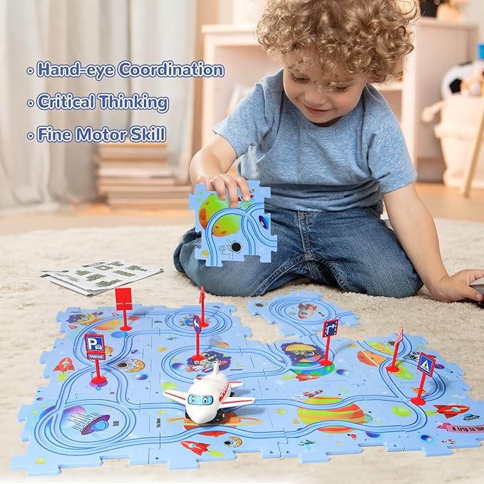 Plastic Floor Puzzles for Kids with Airplane Toy Car, Puzzle Track Car Play Set, Educational Toys for 3 4 5 6 Year Old Boys, 3 4 5 6 Year Old Boy Birthday Gift, Kids Toys Boys 3-5