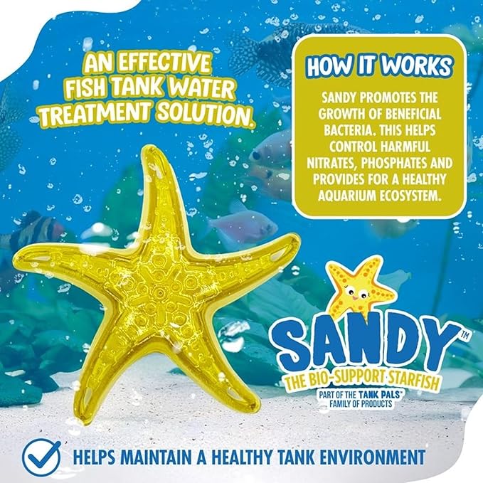 Sandy The Bio-Support Starfish - 3 Pack, Yellow- Promotes A Healthy Balanced Aquarium Ecosystem, Probiotic Growth, Tank Environment Control
