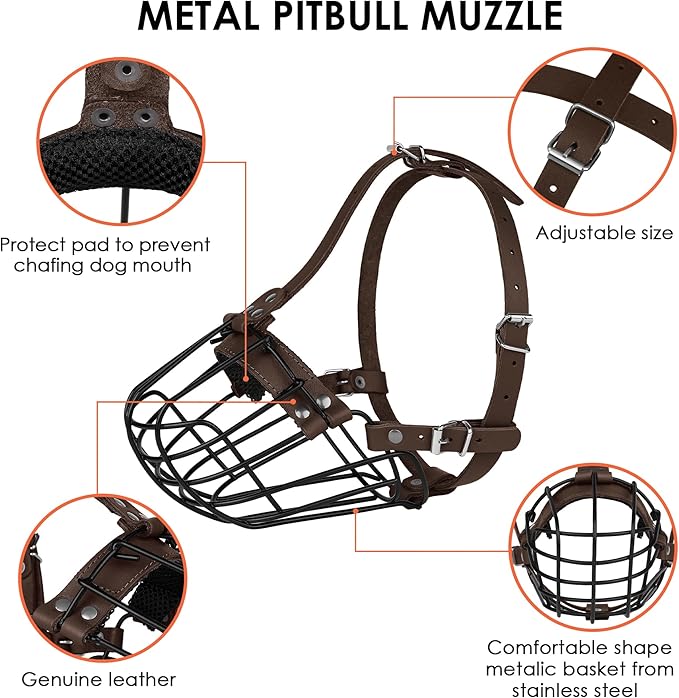 Pitbull Dog Muzzle Breathable Metal Basket for Large Dogs Amstaff Staffordshire Terrier Secure Wire Mask Adjustable Durable Leather Straps Biting Chewing Barking (Dark Brown)