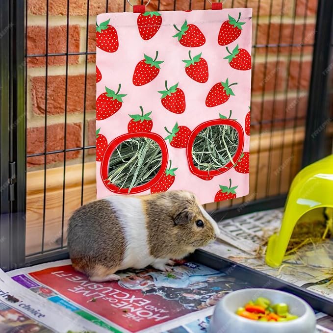 JarThenaAMCS 2Pcs Rabbit Hay Feeder Bag with 2 Holes Pink Strawberry Guinea Pig Hanging Hay Feeding Bag Storage Dispenser for Chinchilla Hamster Bunny Small Animal Pet