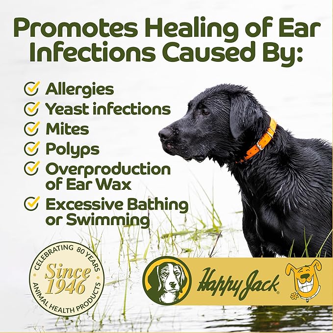 HAPPY JACK Ear Canker Powder (0.5 oz) Dog Ear Powder for Infections, Made in USA, Helps Allergies, Polyps, Overproduction of Wax