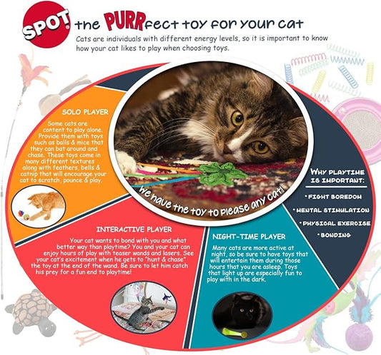SPOT Mini Teaser Cat Wand – 12 Inch Interactive Toy with Bungee Cord, Bell & Catnip, Encourages Exercise & Bonding Play – Assorted Styles