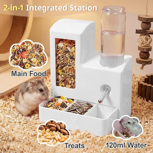 2 in 1 Hamster Water Bottle, No Drip 120ml Hamster Water Bottle, Gravity Hamster Food Bowl with Snack Bowl, Hamster Cage Accessories for Cage for Guinea Pigs