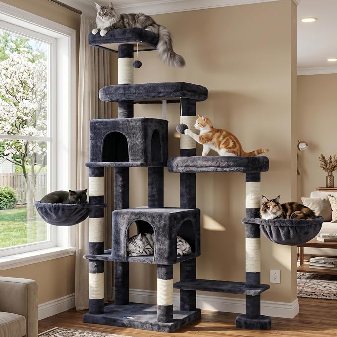 Hey-brother Cat Tree Tower, Scratching Posts with a Extended Part, Wide Platforms, Cozy Condos, Hammocks, Sisal Columns and Ball for Indoor Cats, 70.1 Inches, Smoky Gray MPJ038G