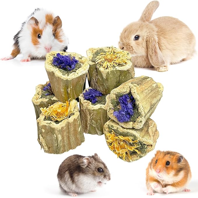 PINVNBY Rabbit Chew Toys for Bunny Natural Papaya Wood Bunny Treats with Alfalfa Hay and Dried Flower Guniea Pig Molar Snacks for Hamster Chinchilla Gerbil Small Animals Teeth Grinding (3.52 oz/100 g)