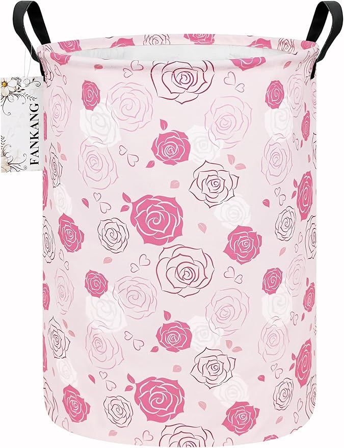 Storage Basket, Nursery Hamper Canvas Laundry Basket Foldable with Waterproof PE Coating Large Storage Baskets for Kids Boys and Girls, Office, Bedroom, Clothes,Toys(Pink roses)