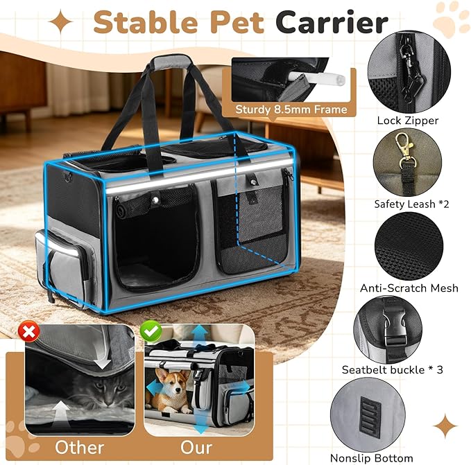 Expandable Extra Large Cat Carrier for 2 Cats, Double Cat Travel Carrier Bag with Litter Box, Foldable Breathable Soft Sided Pet Dog Carrier with Divider for Car Travel, Outdoor & Vet Visit