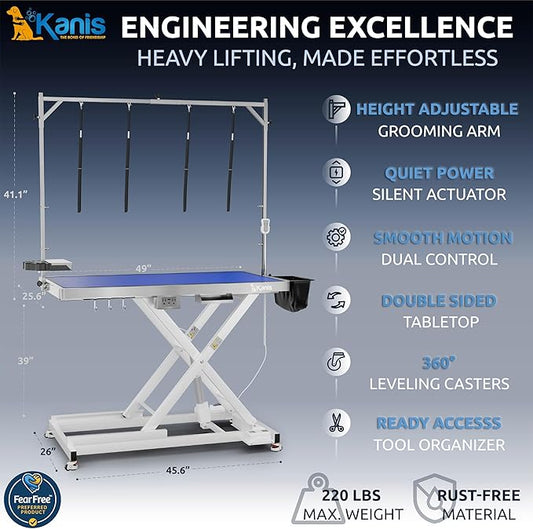 KANIS Professional Electric Dog Grooming Table - Heavy Duty, Height Adjustable Pet Grooming Table w/Leveling Wheels, Grooming Arm, Anti Slip Tabletop & Tool Organizer/Dog Grooming Station (White, 49")