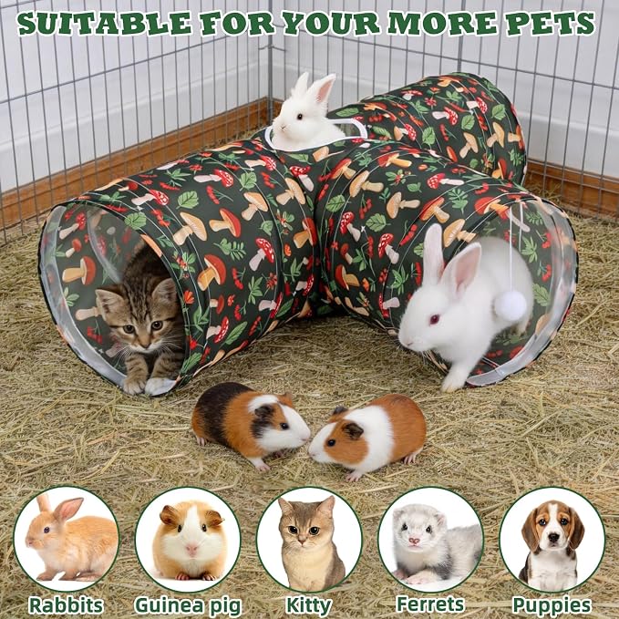 BWOGUE Bunny Tunnels & Tubes Collapsible 3 Way Bunny Hideout Small Animal Activity Tunnel Toys for Dwarf Rabbits Guinea Pigs Kitty