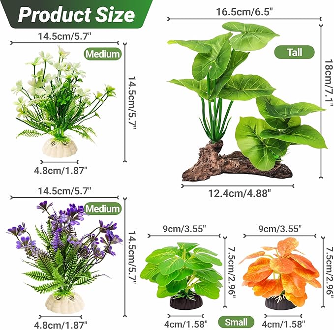 GOZILLA Fish Tank Plants, Reptile Artificial Plastic Plants, Reptile Plants for Terrarium, Aquarium Decorations Resin Pedestal Ornaments for Fish Tank Accessories Set.(5PCS/C-Set)