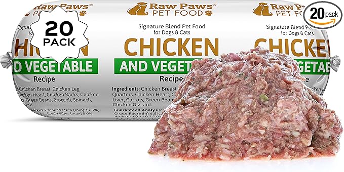 Raw Paws Signature Blend Pet Food for Dogs & Cats - Chicken & Vegetable Recipe, 1-lb Rolls (20 Pack) - Freshly Made in USA - Raw Diet Cat Food - Raw Frozen Dog Food - Fresh Dog Food Log