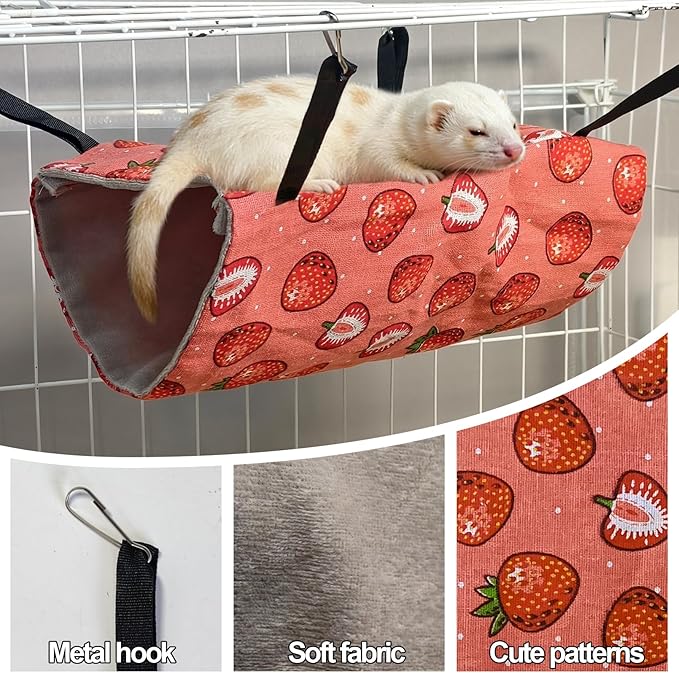 kathson 4 PCS Ferret Hammock Set,Washable Guinea Pig Hideout Bed,Soft Hamster Toys Hanging Tunnel Mats, Small Pets Cage Accessories for Rat, Sugar Glider, Squirrel(Pink)