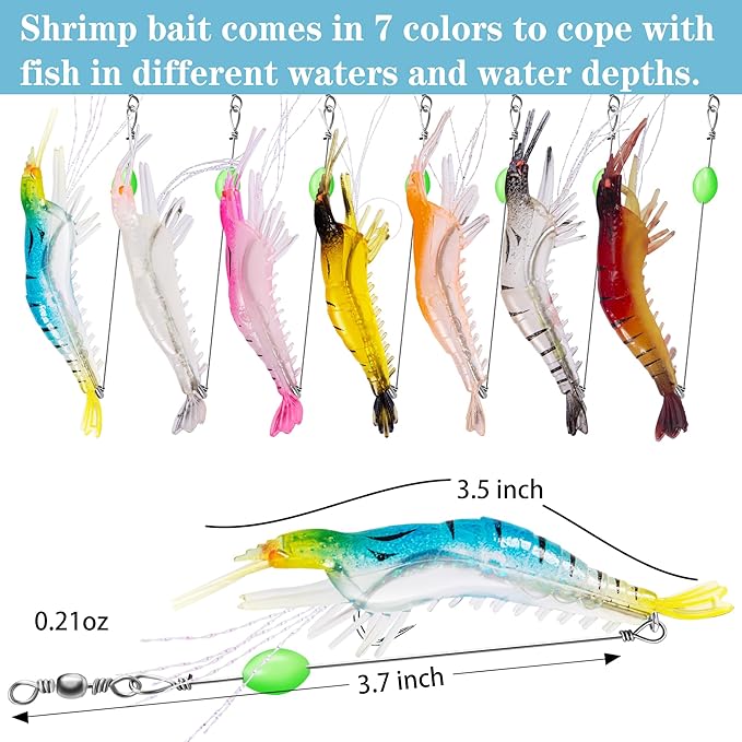 14PCS Saltwater Fishing Lures Shrimp Lures Set with Bait Box, 7 Colors Premium Soft Shrimp Fishing Tackle with Luminous Sharp Hooks, for Saltwater and Freshwater Aggressive Fish