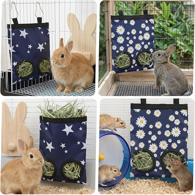 2Pcs Guinea Pig Hay Feeder, Hanging Rabbit Hay Feeder Durable Washable 2-Hole Hays Dispenser for Guinea Pigs Bunnies Chinchillas, Star＋Daisy