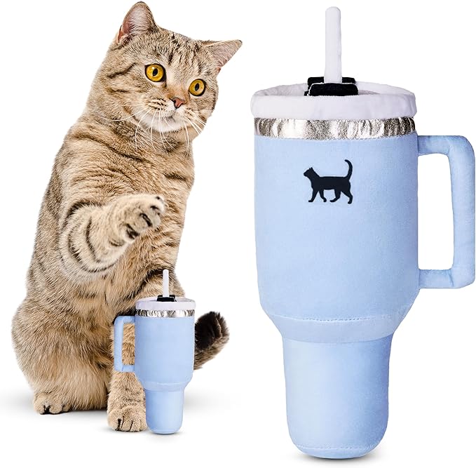 PUPROAR Kitty Cup Catnip Toy - Cute Cat Birthday Toy with Catnip & Crinkle, Funny Girly Kitten Gift (Chambray Blue)